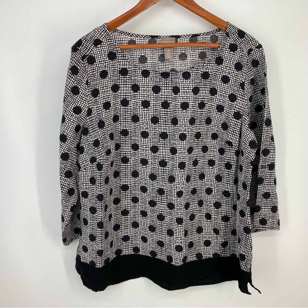 Chico's Blouse Top 2 (L/12) Polka Dot Pullover, Black White, 3/4 Roll Tab Sleeve